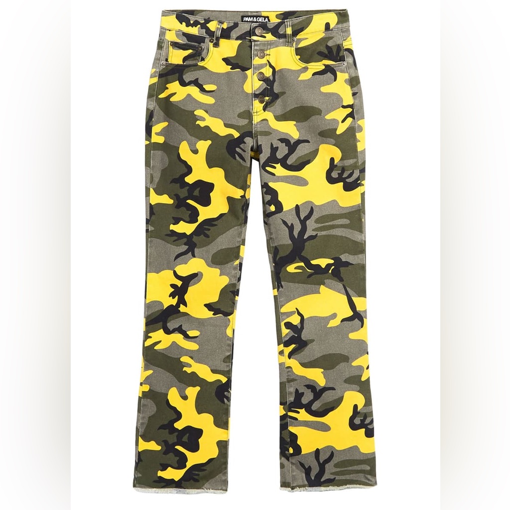 Pam And Gela Camo Button Fly Cropped Flare Jeans